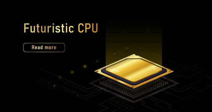 Futuristic processor concept. Banner with gold CPU on motherboard. Modern digital technologies. Isometric 3D animated graphics