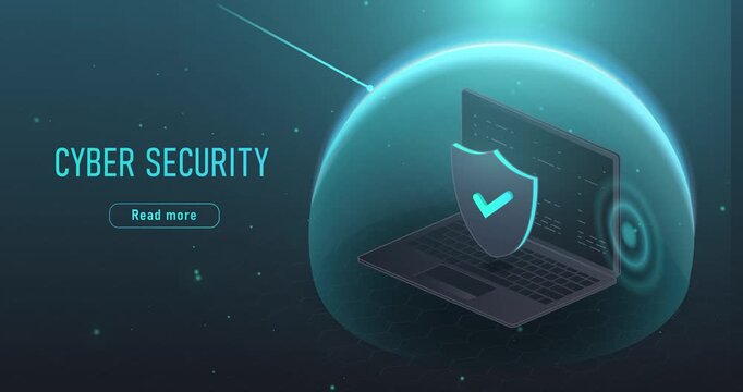 Cyber security concept. Laptop with protective shield. Online privacy, internet safety, defense against hacking. Isometric 3D animated graphics
