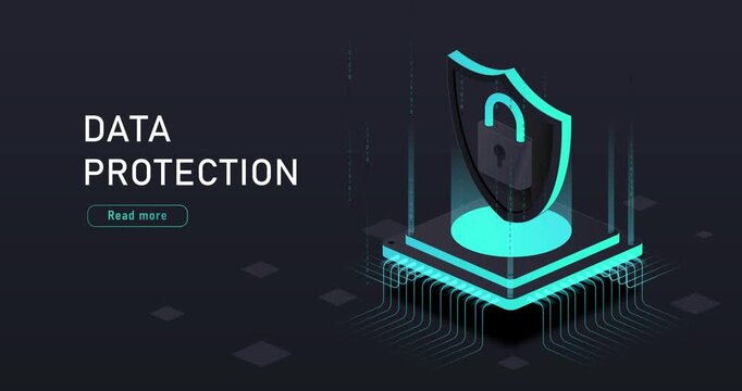 Data protection concept. Cybersecurity, internet safety, information protection from hacker attacks. Banner with shield on microchip. Isometric 3D animated graphics