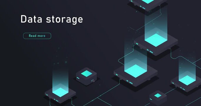 Data storage concept. Online server or cloud computing. Modern technologies for information processing. Virtual database. Neon isometric 3D animated graphics