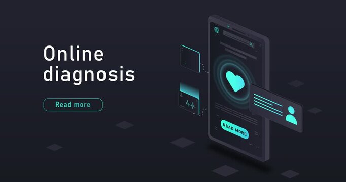 Online diagnosis concept. Heart and health parameters on smartphone screen. Telemedicine, remote consultation with doctor. Isometric 3D animated graphics