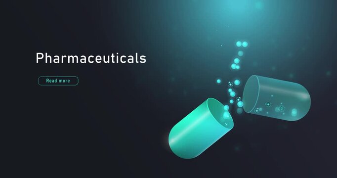 Pharmaceuticals concept. Broken blue capsule with substance. Healthcare and medicine. Medication or drug to treatment of disease. Isometric 3D animated graphics