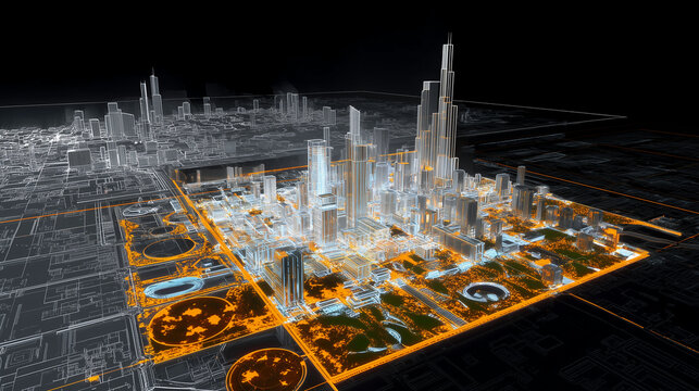 Futuristic smart city emerging from architectural blueprint, illuminated skyscrapers and glowing street grid, ultra detailed urban masterplan visualization blending technical drawi