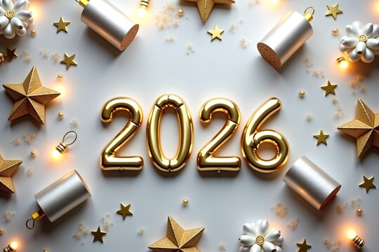 Golden "2026" balloons surrounded by stars confetti and festiv
