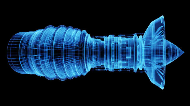 Futuristic jet engine wireframe glowing in blue on black background, advanced aerospace engineering concept, digital turbine blueprint, aircraft propulsion technology, technical in