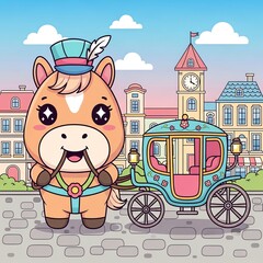 Naklejka premium Cute Cartoon Horse with Carriage in City.