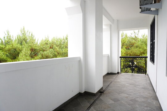 Empty balcony with tiled floor and view of pine trees in the background