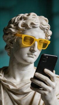 A statue of a man with a modern twist, wearing yellow glasses and holding a phone, blending ancient and contemporary elements.