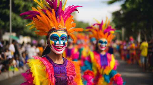 Masskara Festival dancers in Bacolod City wearing bright smiling masks and feathered costumes during lively street parade, colorful Filipino celebration, cultural performance, fest