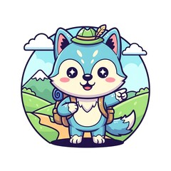 Fototapeta premium Cute Cartoon Wolf Hiker with Backpack and Hat in Mountains.