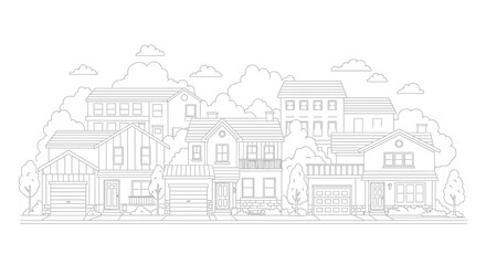 Fototapeta premium Suburban Neighborhood Line Art Illustration, Residential Houses and Community Street Scene for Coloring Page
