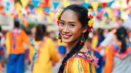 Fototapeta premium Smiling Filipina festival dancer in colorful embroidered costume with floral hair accessories, vibrant Philippine street celebration portrait with festive flags, joyful expression