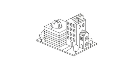 Naklejka premium Isometric City Buildings Line Art Illustration - Modern Observatory and Residential Apartment Houses