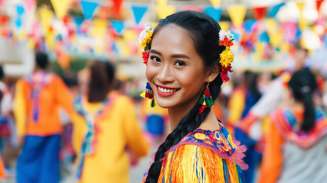 Smiling Filipina festival dancer in colorful embroidered costume with floral hair accessories, vibrant Philippine street celebration portrait with festive flags, joyful expression