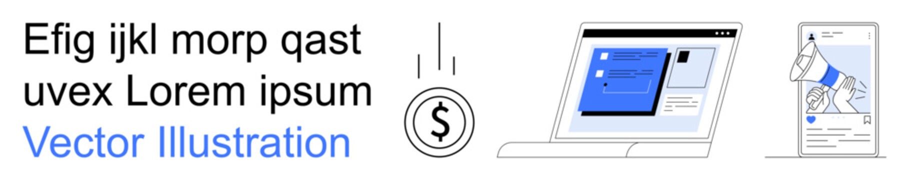 Digital finance, online payments, mobile banking, data transfer, e-commerce, economic tools. Graphic of a laptop, dollar symbol and mobile device with app interface. Online payments and digital
