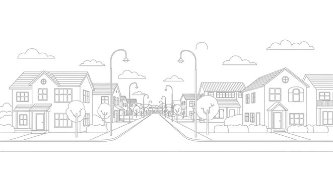 Suburban Neighborhood Street with Houses Line Art Illustration for Coloring Page