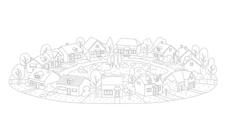 Fototapeta premium Suburban Cul-de-sac Neighborhood Line Art Illustration for Coloring Book