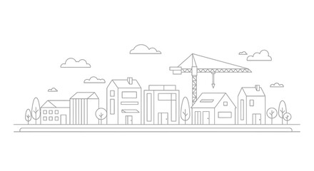 Obraz premium Minimalist Cityscape Line Art Illustration with Construction Crane and Houses for Urban Development and Real Estate Concepts