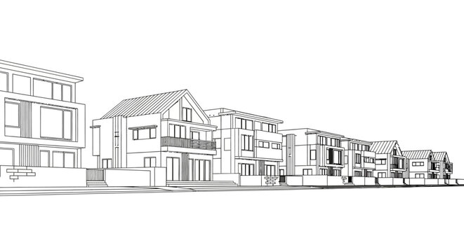 Architectural Line Drawing of a Modern Residential Street with Multiple Houses and Townhouses - 3D Wireframe Perspective for Real Estate and Urban Planning