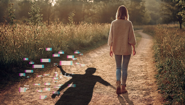 Young woman walking down a path with a glitch effect distorting her shadow, representing digital transformation or identity change