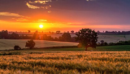 Naklejka premium Golden sunrise over rural landscape fields.