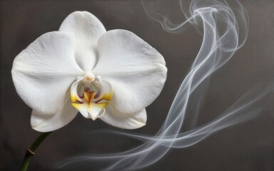 Fototapeta premium White orchid blooms softly beside swirling smoke against a dark