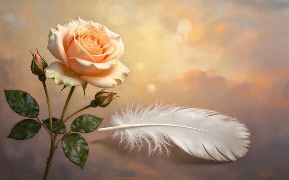 Soft peach rose and white feather against warm dreamy sunset backdrop.