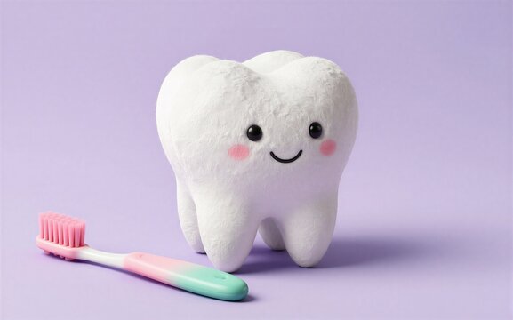 Cute plush tooth with smiling cheeks beside a pink and green