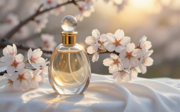 Elegant perfume bottle surrounded by delicate cherry blossoms bathed