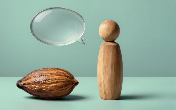 Wooden figure and nut with speech bubble minimalist composition on
