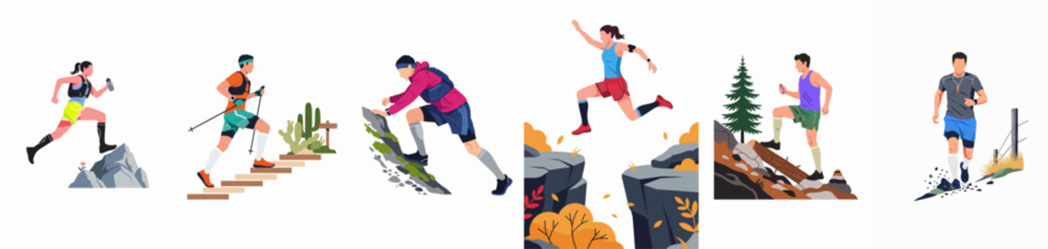Set of flat illustrations featuring men and women trail running and hiking in mountainous terrain with various obstacles