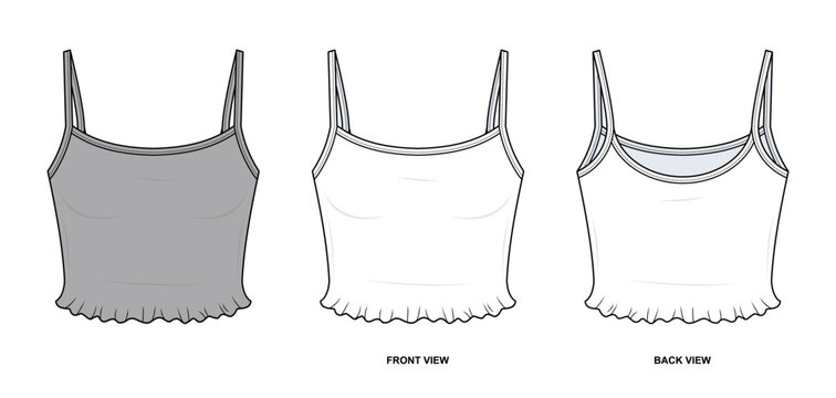 Ruffle Hem Camisole Top Technical Fashion Illustration. Sleeveless Strap Crop Top Vector Template. Scoop Neck Fitted Cami with Flounce Hem Women Apparel CAD Mockup Front Back View