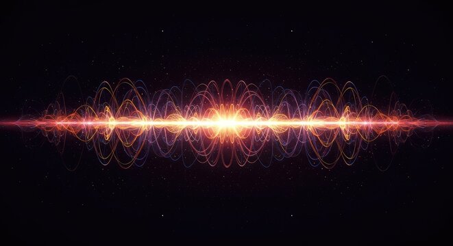 A complex layered visualization of energy flow, depicting subatomic vibrations and rhythmic wave patterns in deep space colors and geometric forms, vibration, futuristic, vibrant