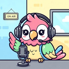Naklejka premium Cute Parrot Podcaster with Headphones and Microphone.