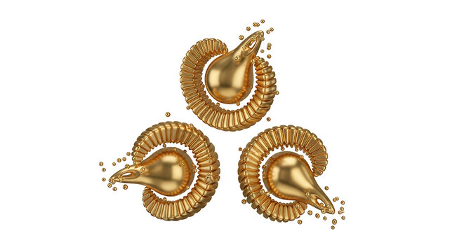 Three golden ram heads with pixelated explosions on a white background, symbolizing power and transformation