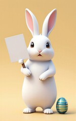 Fototapeta premium White bunny holds blank sign stands beside colorful Easter egg on