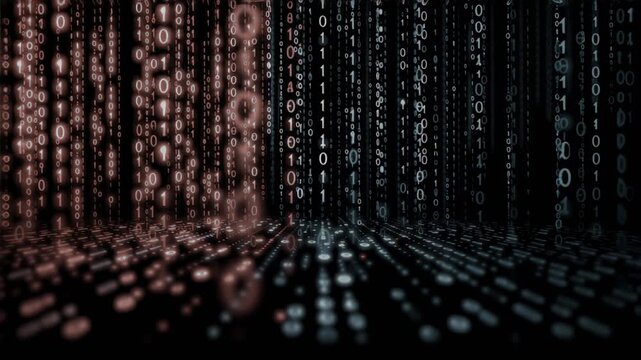 Digital Matrix Illusion: An abstract digital art piece depicting a flowing stream of binary code in red and blue hues, creating a mesmerizing and futuristic visual illusion with depth and motion.