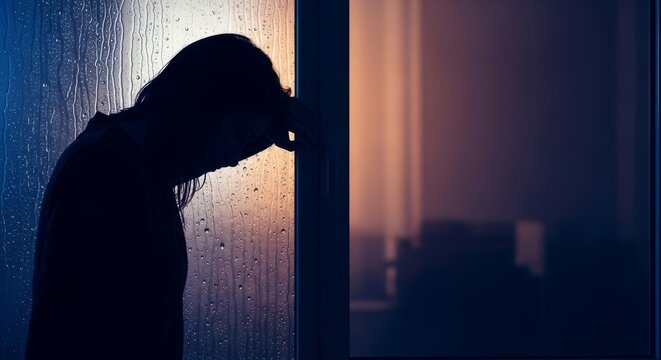 Raindrops streak down window glass as a silhouette leans against the surface in a posture of sadness, creating a moody atmosphere at home, cold, nature, overcast