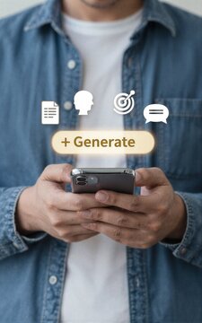 Man holds phone floating icons suggest AI generation tools for
