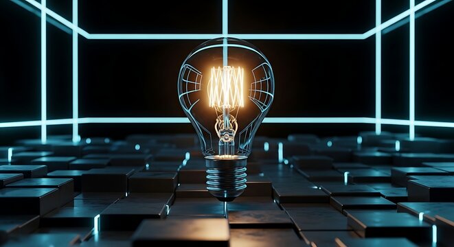 Lampu Bohlam Klasik Menyala Terang di Atas Panggung Digital Neon, Simbol Ide dan Inovasi Modern
