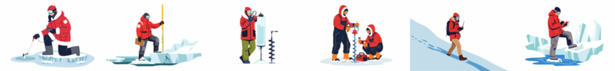 Illustration collection of polar scientists and explorers conducting scientific research, ice core sampling, and environmental monitoring in Arctic or Antarctic regions. © Limo