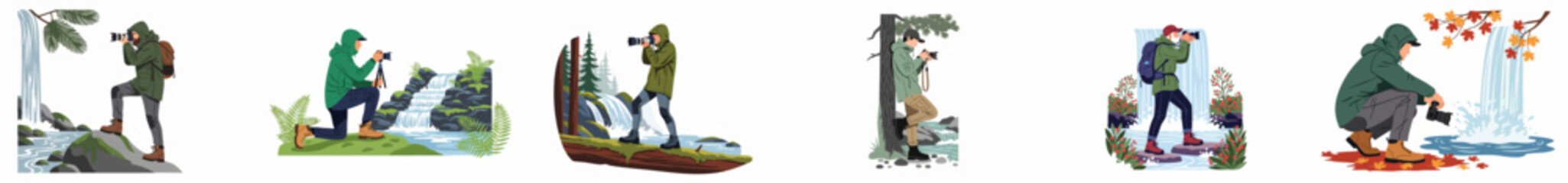 Illustrations of outdoor photographers capturing nature, waterfalls, and forests in various scenic settings. © Limo