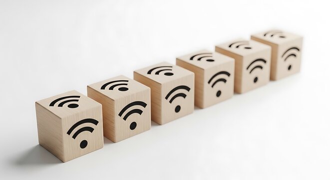 Wooden blocks with wifi symbols arranged in a diagonal line on white background