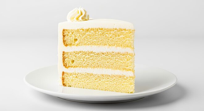 A perfect slice of vanilla layer cake shows off smooth frosting edges and clean layers on a white plate, highlighting elegant dessert textures, fluffy, sugar, edge