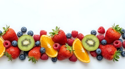 Obraz premium Fresh mixed berries and citrus fruits arranged in colorful row on white background. Healthy organic produce for nutrition and wellness concepts.