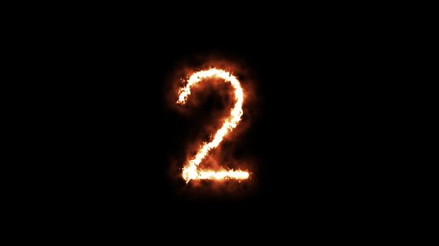 Burning Number Two. Number 2 fire animation on black background
