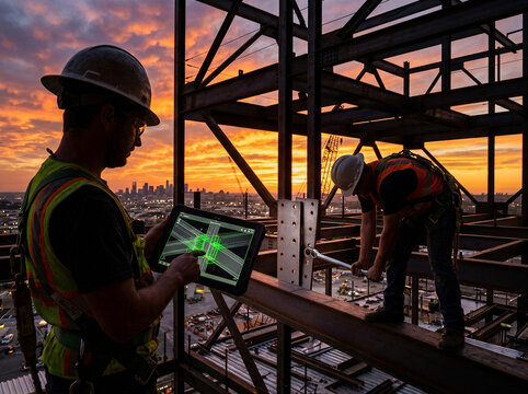 Structural ironworkers installing beams on high rise skeleton, steel erectors using digital blueprint, construction crew in safety gear coordinating via tablet interface against urban.