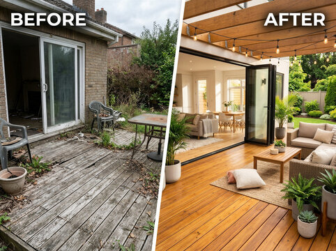 Outdoor deck makeover from dilapidated to luxurious, backyard transformation, patio redesign, garden upgrade, residential remodeling project.