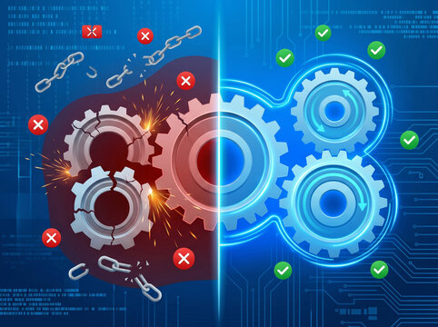 Visual metaphor of system breakdown vs efficiency fractured gears with sparks vs synchronized glowing circuits, symbolizing IT failure recovery or digital transformation.