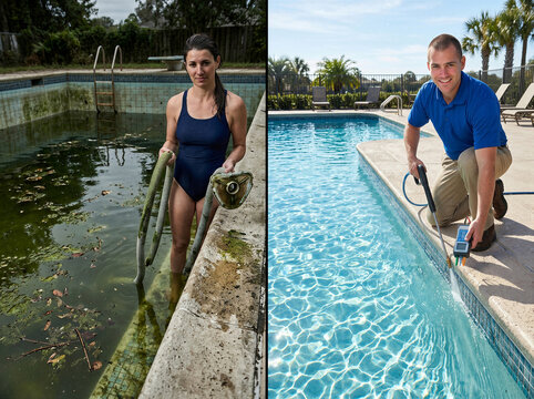 Pool restoration contrast dirty green algae vs crystal clear water tech with test kit. aquatic sanitation, hydro maintenance.